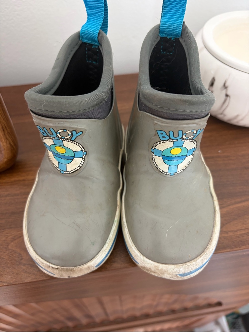 Kids Grey Waterproof Slip-On Boots with Blue Accents - Buoy Graphic